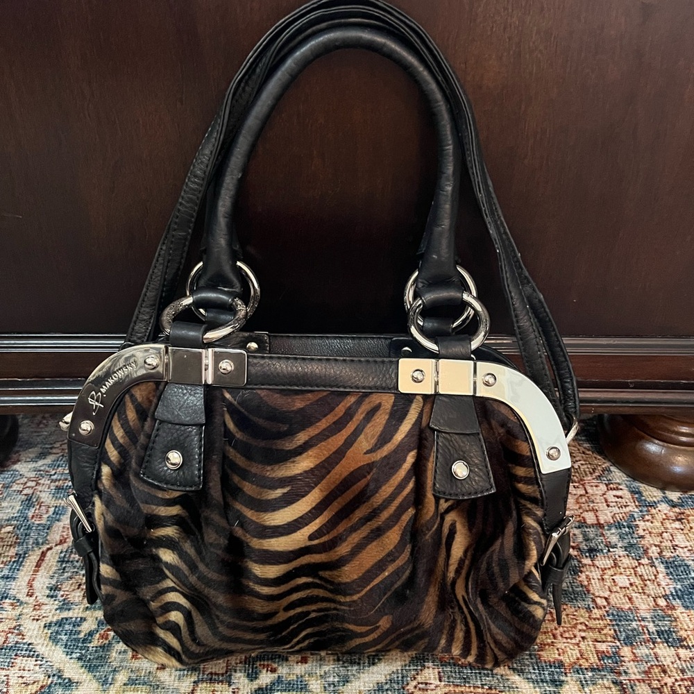 B. Makowsky Vintage Luxury Black and Brown Zebra Print Handbag